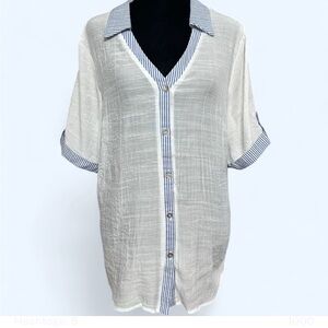 PARALLEL SKIES Blue & White Striped Short Sleeve Button Down Blouse V Neck XL